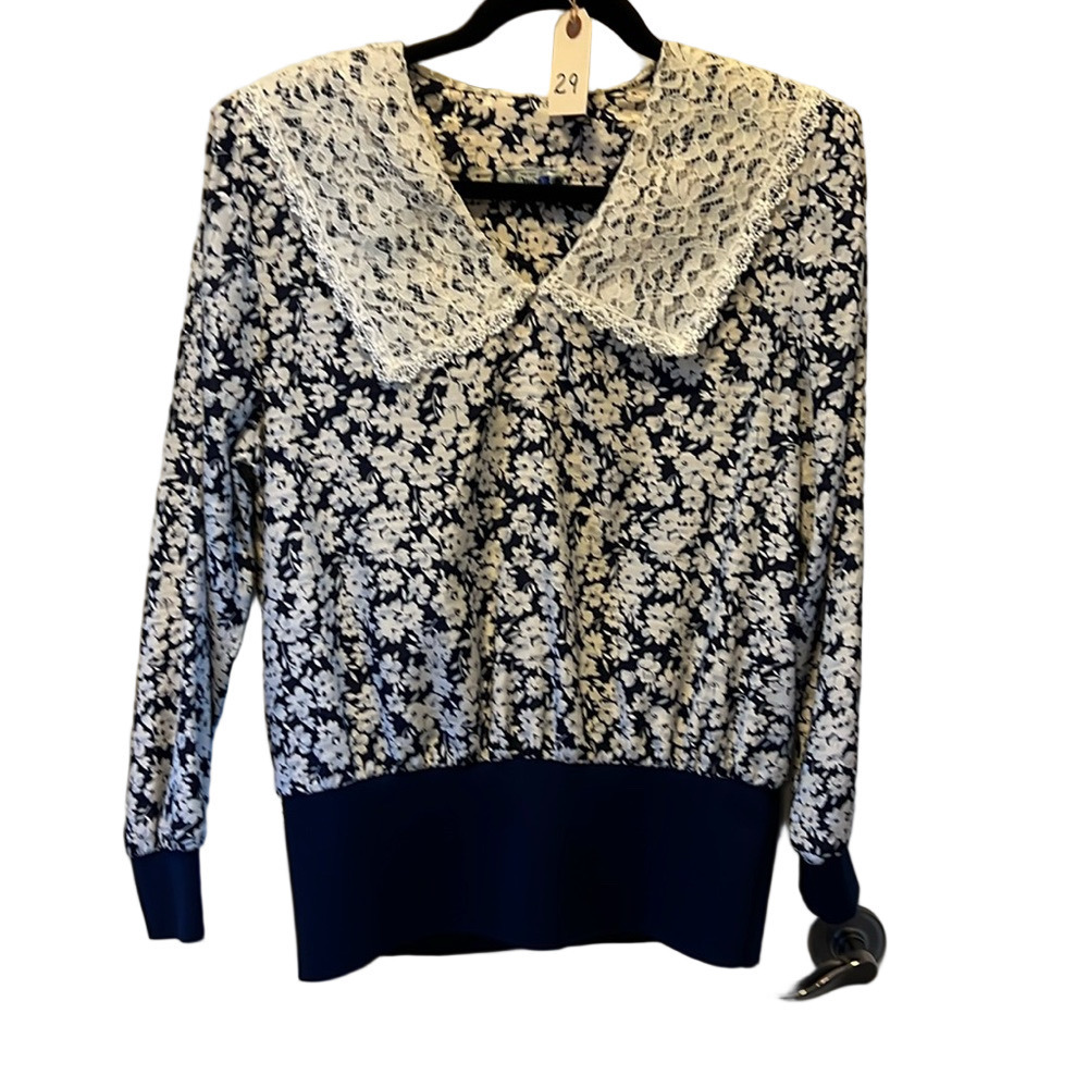 The House of Nu-mode Vintage Navy Blue Floral Long Sleeve Prairie Top